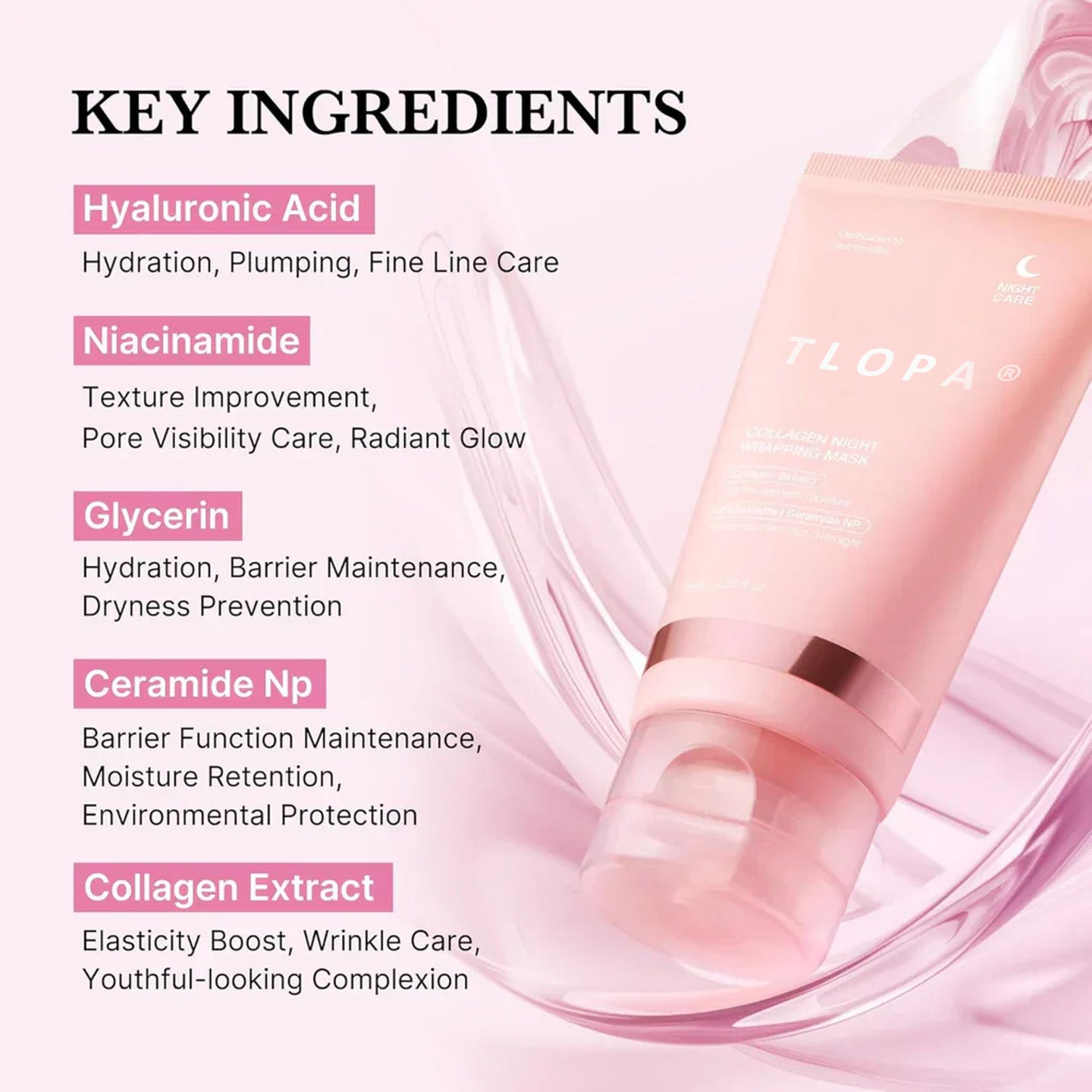 TLOPA®Collagen Night Wrapping Mask: Sleep to Shed Dullness, Wake Up Glowing! | Skin Repair + Comfort in a Dreamy Pink Formula