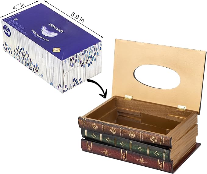 Crafted Classical Retro Wooden Antique Book Tissue Box Cover Rectangular Tissue Holder