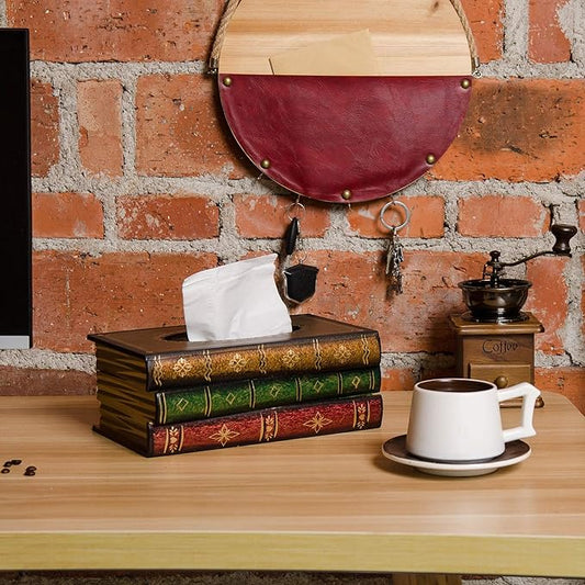 Crafted Classical Retro Wooden Antique Book Tissue Box Cover Rectangular Tissue Holder